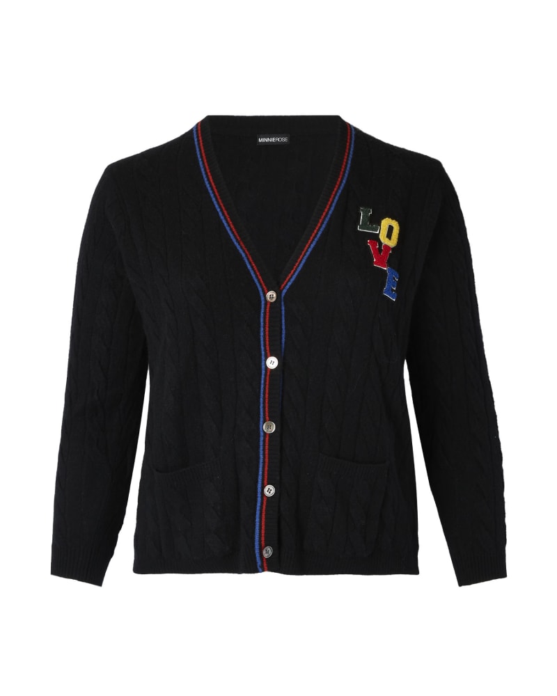 Front of a size 1X Love Cable Cardigan in Black by Minnie Rose. | dia_product_style_image_id:248538
